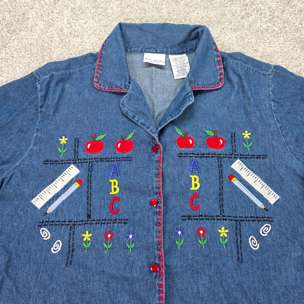 Bobbie Brooks Woman Denim Teacher Shirt ABC Apple Embroidery Blue 14W/16W